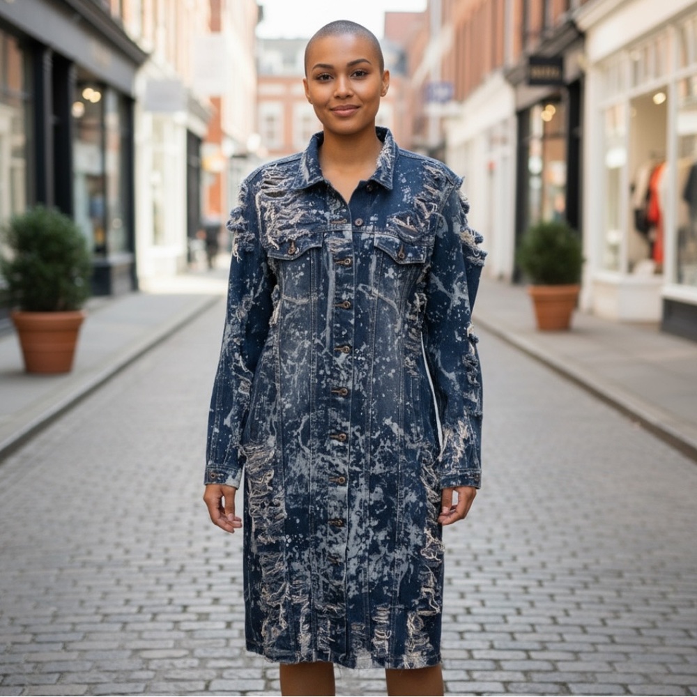 **SOLD**SOLD**SOLD**Distressed Denim Trench Jacket, Sz Large